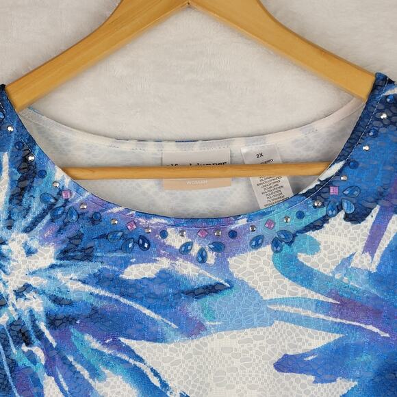 Bohemian 2X Knit Tunics Pullover Purple Blue Jeweled Printed Tops Casual 2 Lot - Picture 4 of 15